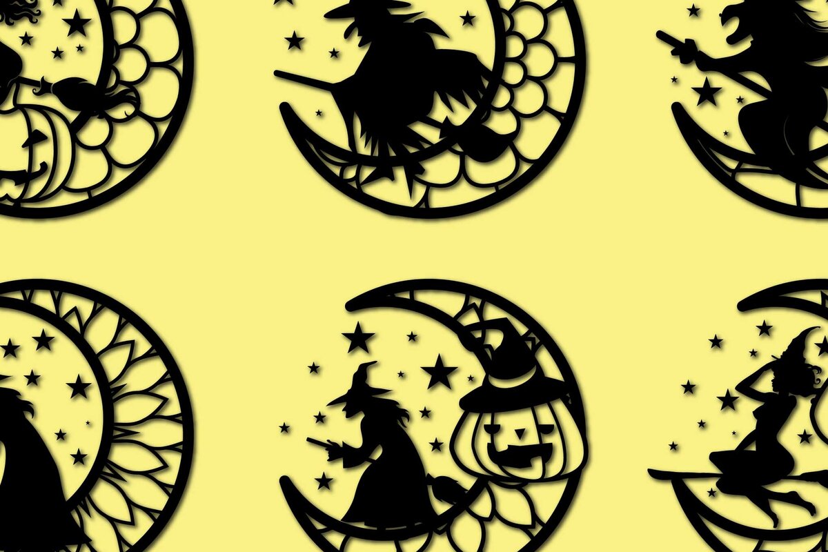 Σετ των 2 Intra απο ξύλο plywood 3mm-4mm πάχος - Cricut Halloween Witch with Moon  Set Δίασταση 15x15 cm INTRAFABR-77552624