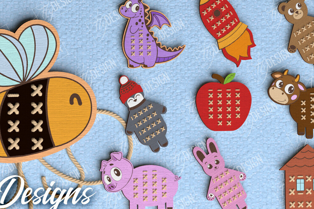 Σετ των 2 Intra απο ξύλο plywood 3mm-4mm πάχος - Πακέτο ζώων Cross Stitch | Μοντεσσόρι Δίασταση 15x15 cm INTRAFABR-114008065