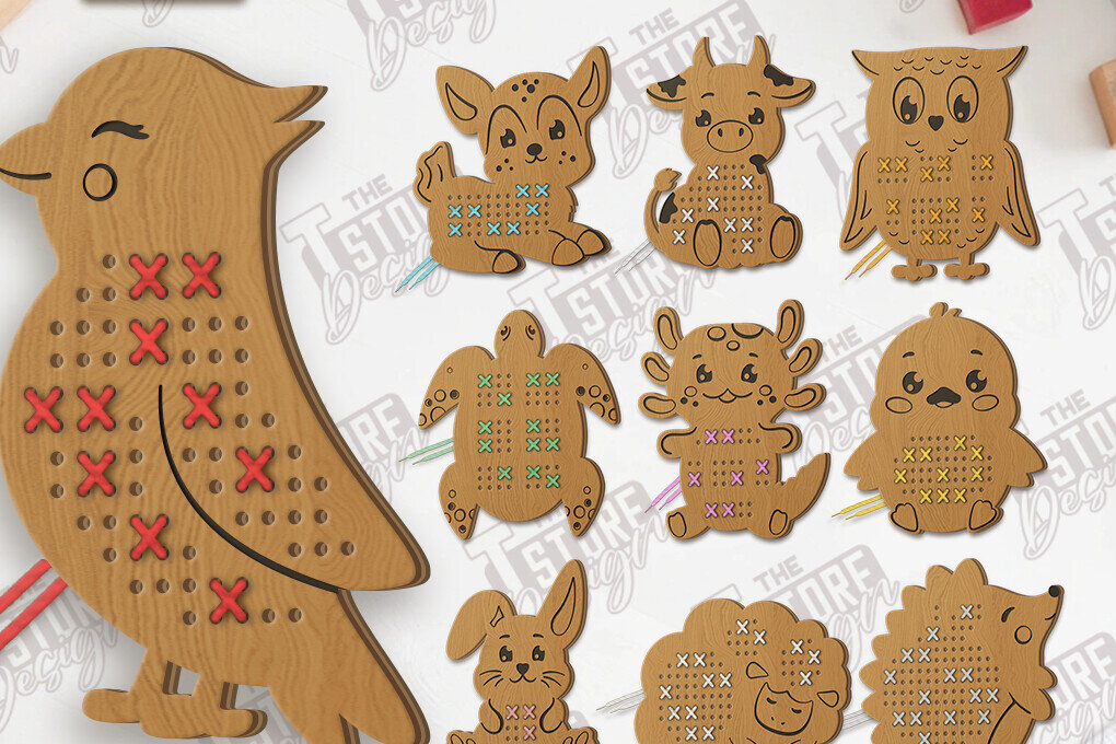 Σετ των 2 Intra απο ξύλο plywood 3mm-4mm πάχος - Δέσμη κοπής με λέιζερ Cross Stitch Animals Δίασταση 15x15 cm INTRAFABR-123352055