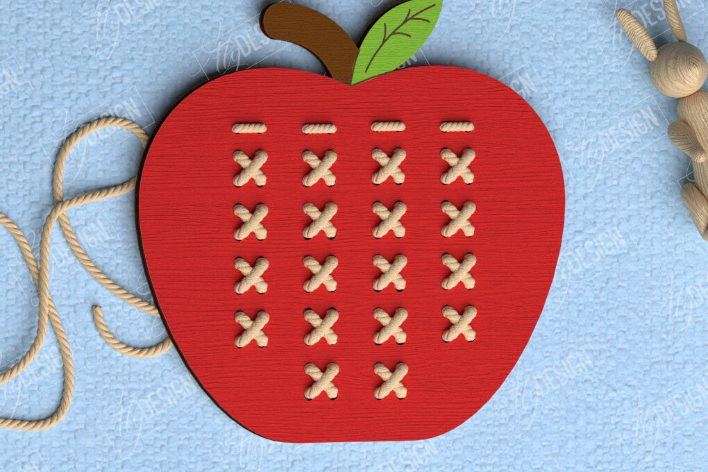 Σετ των 2 Intra απο ξύλο plywood 3mm-4mm πάχος - Cross Stitch Apple | Montessori Lacing Δίασταση 15x15 cm INTRAFABR-114001972