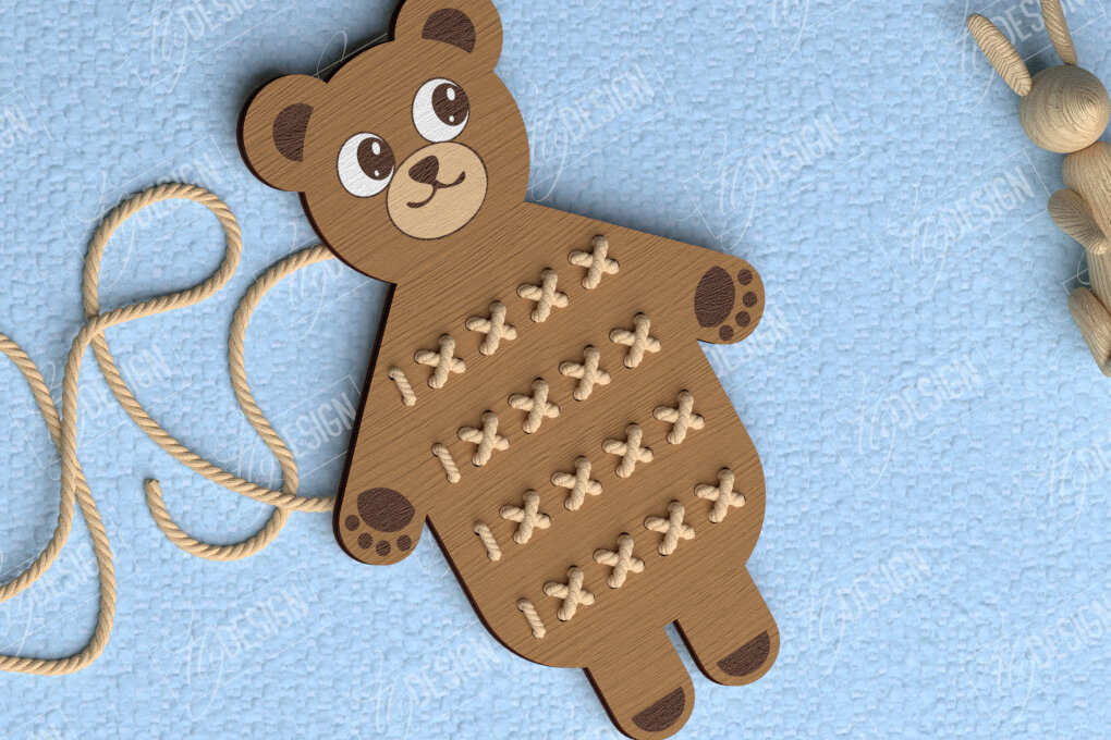 Σετ των 2 Intra απο ξύλο plywood 3mm-4mm πάχος - Σταυροβελονιά Αρκούδα | Montessori Lacing Δίασταση 15x15 cm INTRAFABR-114002005