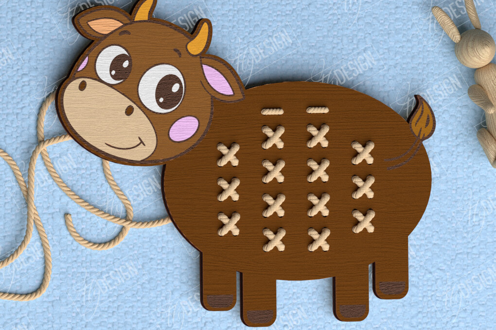 Σετ των 2 Intra απο ξύλο plywood 3mm-4mm πάχος - Cross Stitch Cow | Montessori Lacing Δίασταση 15x15 cm INTRAFABR-114001835