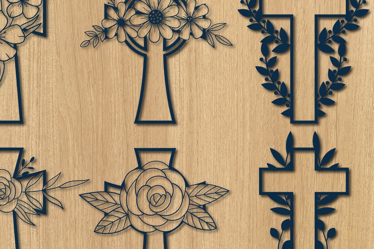 Σετ των 2 Intra απο ξύλο plywood 3mm-4mm πάχος - Δέσμη  Cut σταυρού με λουλούδια LASER Δίασταση 20x20 cm INTRAFABR-31891870