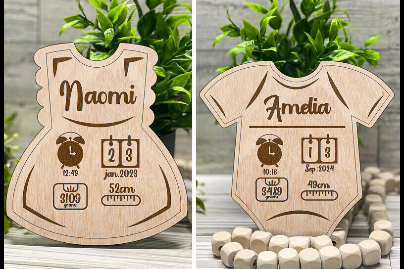 Σετ των 2 Intra απο ξύλο plywood 3mm-4mm πάχος - Προσαρμοσμένα Στατιστικά Ανακοινώσεων Γέννησης Μωρού Δίασταση 20x20 cm INTRAFABR-118661795