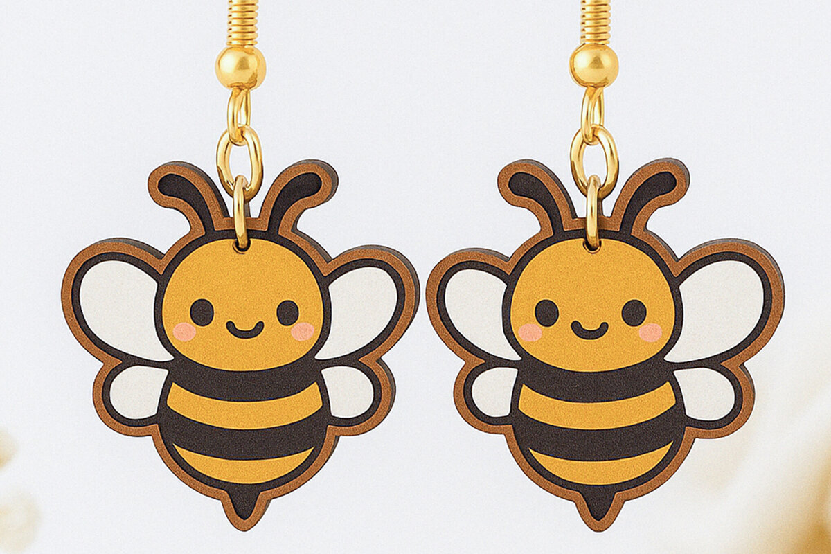 Σετ των 3 Intra απο ξύλο plywood 3mm-4mm πάχος - Cute Bee Earrings  Laser Cut Δίασταση 3x3 cm INTRAFABR-120635765