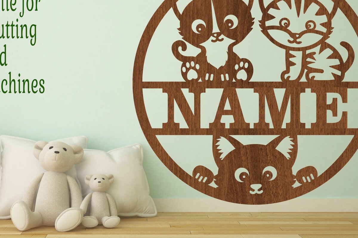 Intra απο ξύλο plywood 3mm-4mm πάχος - Πινακίδα ονόματος χαριτωμένης γάτας  Laser Cut Art Δίασταση 30x20 cm INTRAFABR-74989823