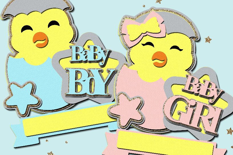 Σετ των 2 Intra απο ξύλο plywood 3mm-4mm πάχος - Cute Chick Girl or Boy Topper 3D  Δίασταση 20x20 cm INTRAFABR-110930858