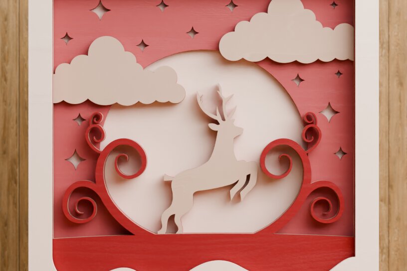 Σετ των 2 Intra απο ξύλο plywood 3mm-4mm πάχος - Χαριτωμένη χριστουγεννιάτικη σκηνή 3D πολλαπλών επιπέδων  Δίασταση 20x25 cm INTRAFABR-106880458