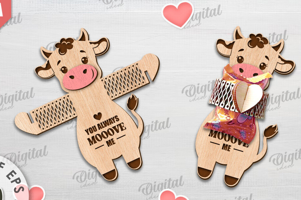 Σετ των 3 Intra απο ξύλο plywood 3mm-4mm πάχος - Cute Cow Candy Holder Cut Laser. Βαλέντη Δίασταση 20x20 cm INTRAFABR-115695294
