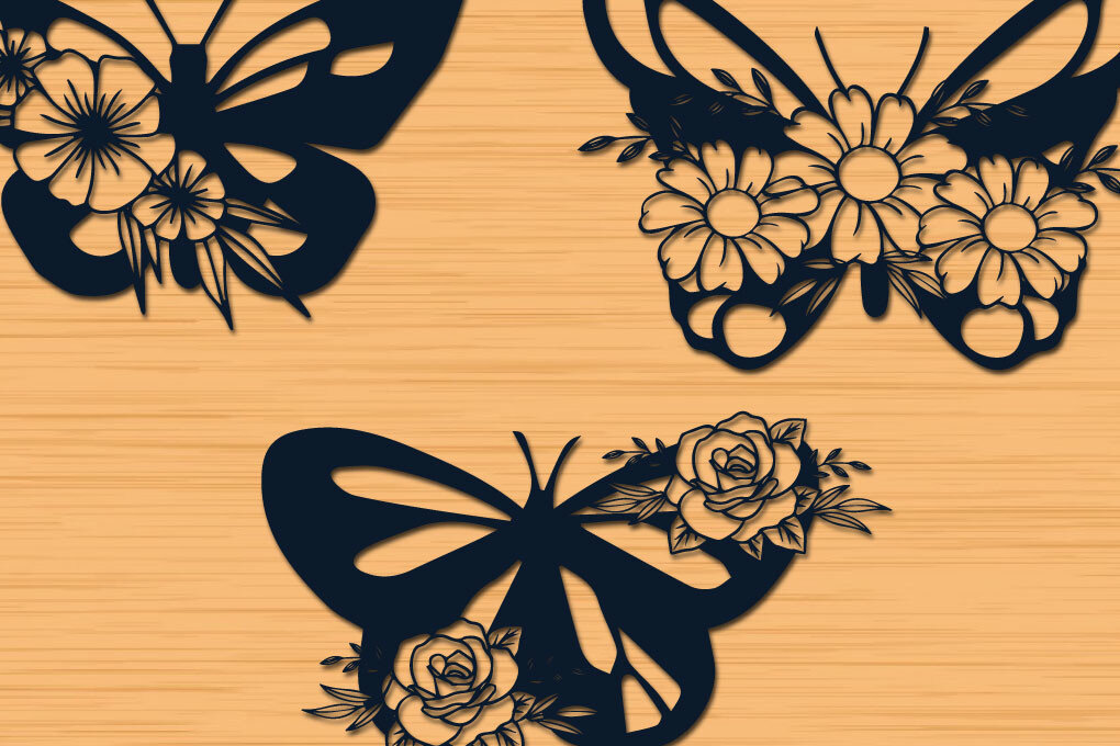 Σετ των 2 Intra απο ξύλο plywood 3mm-4mm πάχος - Χαριτωμένο λουλουδάτο πακέτο  πεταλούδας Δίασταση 20x20 cm INTRAFABR-63498817