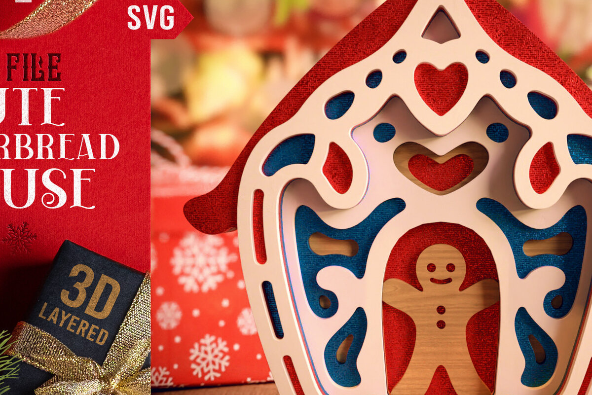 Σετ των 2 Intra απο ξύλο plywood 3mm-4mm πάχος - Χαριτωμένο Gingerbread House 3D Layered  Δίασταση 20x25 cm INTRAFABR-19712886