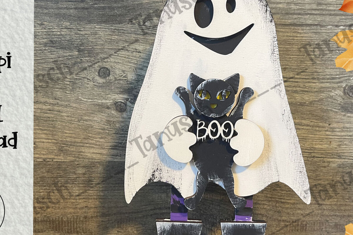 Σετ των 3 Intra απο ξύλο plywood 3mm-4mm πάχος - Χαριτωμένο Halloween Ghost Standing Decor  Δίασταση 6x6 cm INTRAFABR-78190294