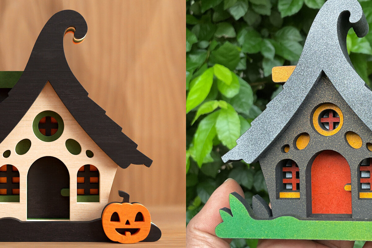 Σετ των 3 Intra απο ξύλο plywood 3mm-4mm πάχος - Χαριτωμένο Halloween House V1 | 3D Layered  Δίασταση 4x4 cm INTRAFABR-99559931