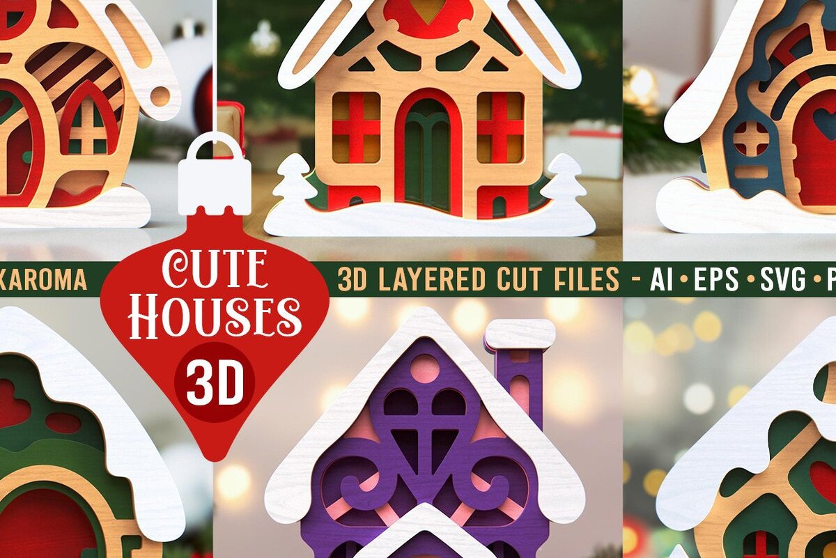 Σετ των 2 Intra απο ξύλο plywood 3mm-4mm πάχος - Πακέτο Cute Houses | 3D Layered  Δίασταση 16x6 cm INTRAFABR-46723788