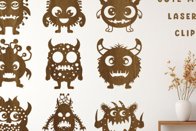 Σετ των 2 Intra απο ξύλο plywood 3mm-4mm πάχος - Σετ Clipart  Cute Monster Laser Cut Δίασταση 20x20 cm INTRAFABR-99188427