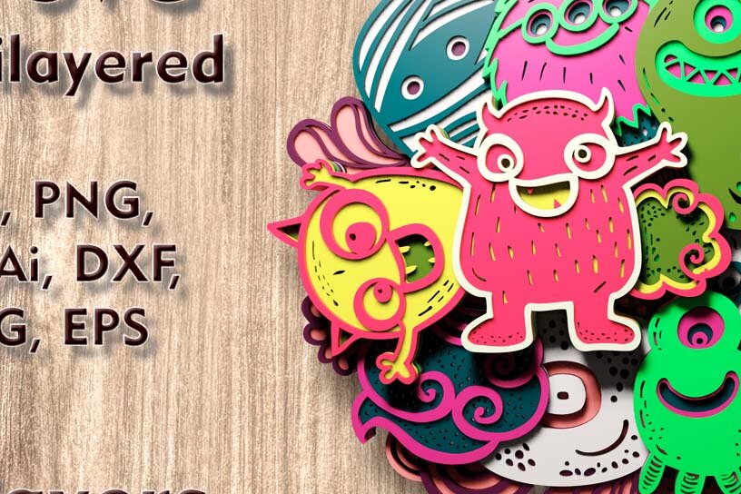 Σετ των 3 Intra απο ξύλο plywood 3mm-4mm πάχος - Αρχεία πολλαπλών επιπέδων 3D  Cute Monsters Δίασταση 4x9 cm INTRAFABR-109512121