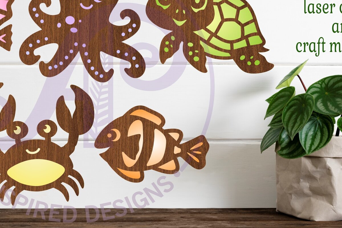 Intra απο ξύλο plywood 3mm-4mm πάχος - Σχήματα αρχείων κομμένα με λέιζερ χαριτωμένα ζώα του ωκεανού Δίασταση 30x20 cm INTRAFABR-96847824