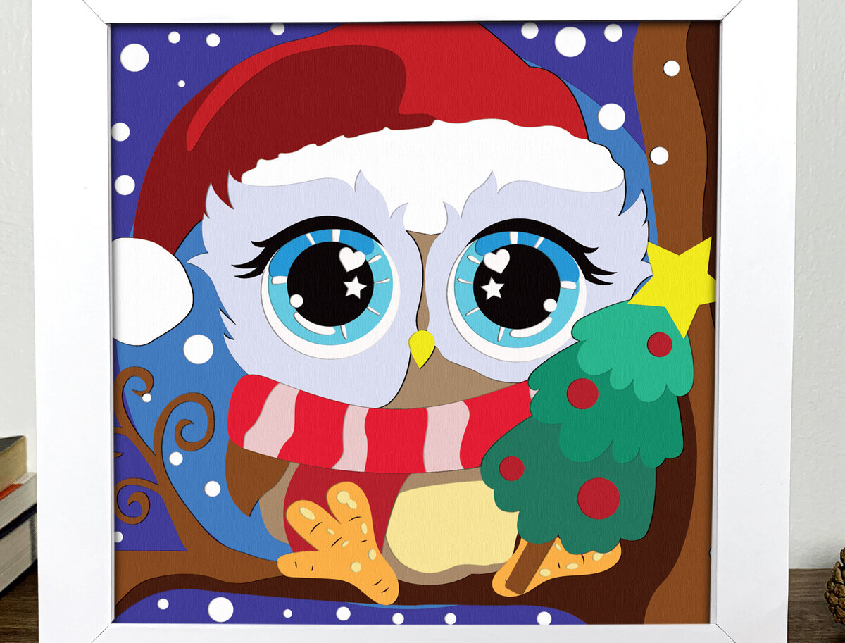 Σετ των 2 Intra απο ξύλο plywood 3mm-4mm πάχος - Cute Owl Christmas Shadow Box  Δίασταση 20x20 cm INTRAFABR-85060996