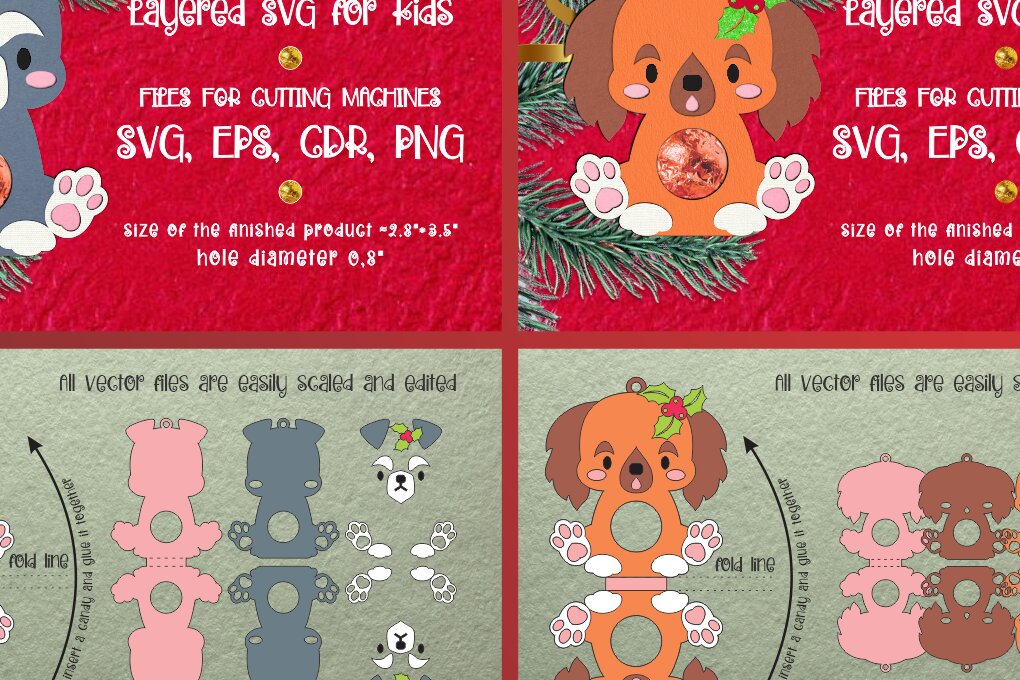 Σετ των 3 Intra απο ξύλο plywood 3mm-4mm πάχος - Χαριτωμένα κουτάβια | Πακέτο θήκης καραμελών Δίασταση 6x6 cm INTRAFABR-107798698