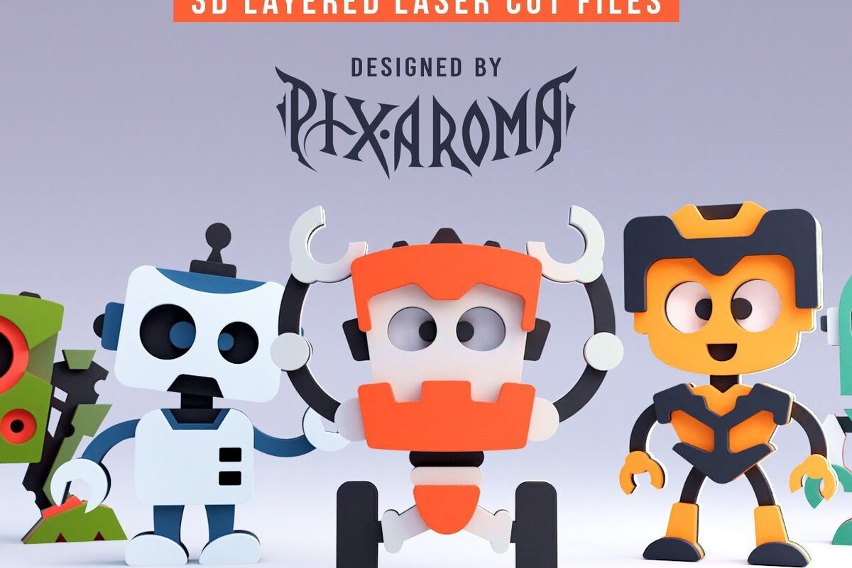 Σετ των 2 Intra απο ξύλο plywood 3mm-4mm πάχος - Χαριτωμένα ρομπότ |  λέιζερ με 3D επίπεδα Δίασταση 20x20 cm INTRAFABR-31094669