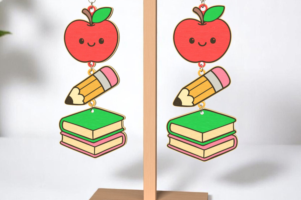 Σετ των 3 Intra απο ξύλο plywood 3mm-4mm πάχος - Χαριτωμένα σκουλαρίκια School Stack  Δίασταση 3x3 cm INTRAFABR-121988694