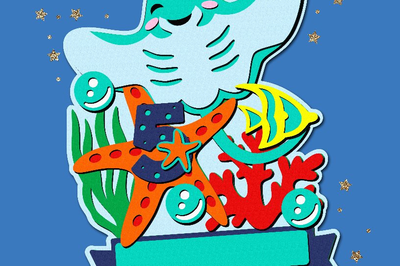 Σετ των 2 Intra απο ξύλο plywood 3mm-4mm πάχος - Χαριτωμένο Stingray Cake Topper 3D  Δίασταση 20x20 cm INTRAFABR-108853288