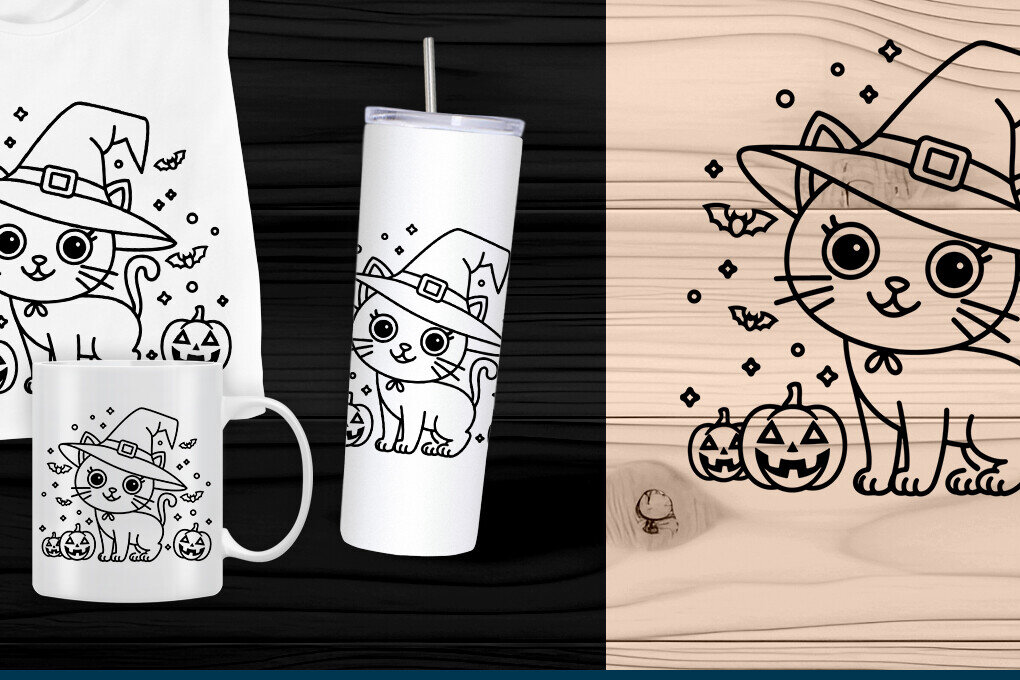 Σετ των 2 Intra απο ξύλο plywood 3mm-4mm πάχος -  κοπής με λέιζερ Cute Witch Cat  Δίασταση 15x15 cm INTRAFABR-107510077