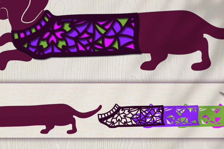 Σετ των 2 Intra απο ξύλο plywood 3mm-4mm πάχος - Dachshund σε 3D ρούχα  Δίασταση 20x20 cm INTRAFABR-24951801