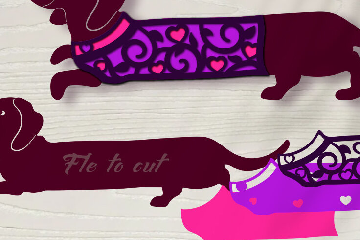 Σετ των 2 Intra απο ξύλο plywood 3mm-4mm πάχος - Dachshund σε 3D ρούχα με καρδιές. Δίασταση 20x20 cm INTRAFABR-24951707