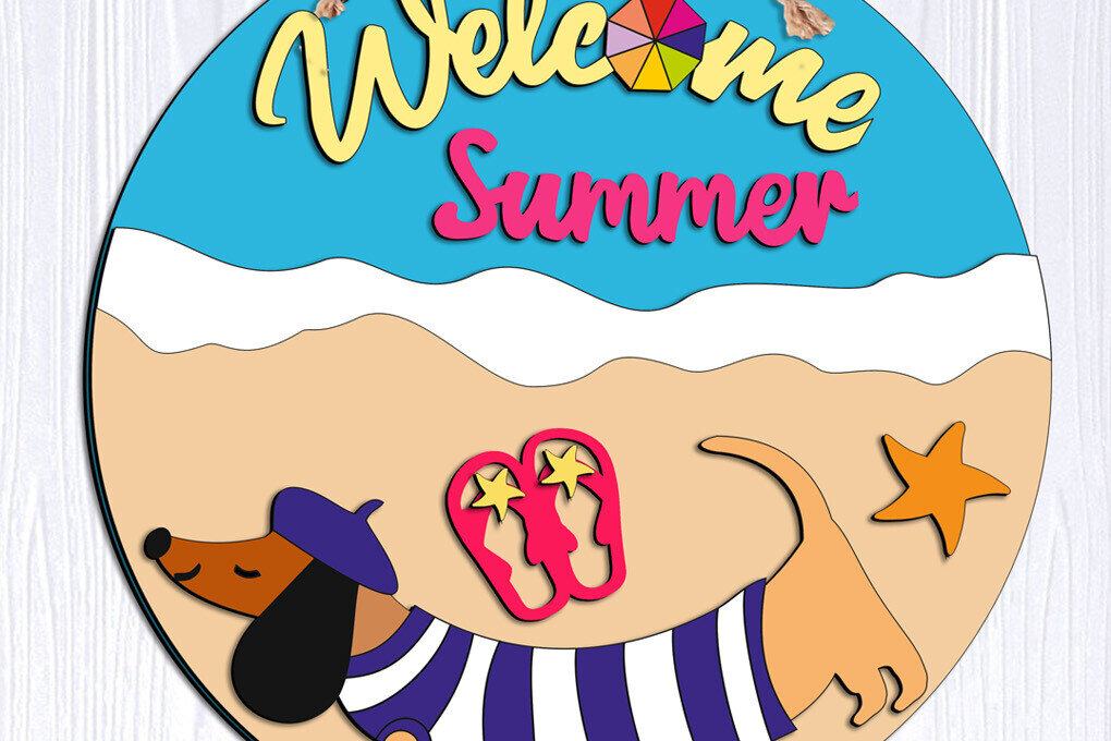 Σετ των 2 Intra απο ξύλο plywood 3mm-4mm πάχος - Dachshund Summer Door Hanger Ocean Sea Δίασταση 20x20 cm INTRAFABR-105822533