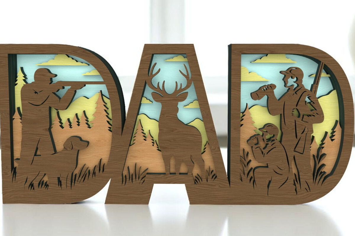 Σετ των 3 Intra απο ξύλο plywood 3mm-4mm πάχος - Σκηνή κυνηγιού μπαμπά τρισδιάστατη πινακίδα με στρώσεις Δίασταση 6x6 cm INTRAFABR-122427356