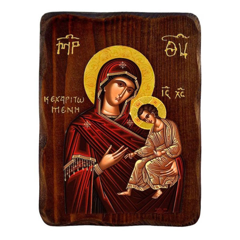 Εικόνα Ορθοδοξίας με περίγραμμα χρυσό σε ξύλο Φλαμουρίας  με  βάση Εικόνα Παναγίας Χάρης, Χειροποίητη εικόνα της Παναγίας Κεχαριτωμένης, επιτοίχια βυζαντινή τέχνη, θρησκευτικό δώρο, χριστιανική διακόσμηση Διάσταση 40x30 cm (15,8 x 11,8 ίντσες)INTRAEK-4321