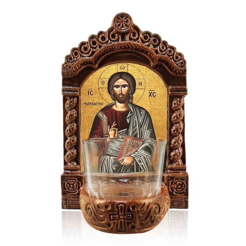 Εικόνα Ορθοδοξίας με περίγραμμα χρυσό σε ξύλο Φλαμουρίας  με  βάση Φωτιστικό Ιησού Χριστού, Ιησούς Χριστός ο Φωτοδότης Ελληνικής κατασκευής Επιτραπέζιο Εικονίδιο, Χειροποίητο Κεραμικό Φωτιστικό με Γυάλινο Κύπελλο Διάσταση 40x30 cm (15,8 x 11,8 ίντσες)INTR