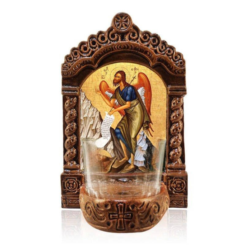 Εικόνα Ορθοδοξίας με περίγραμμα χρυσό σε ξύλο Φλαμουρίας  με  βάση Ιωάννης ο Πρόδρομος Λυχνία, Άγιος Ιωάννης ο Πρόδρομος Κεραμική επιτραπέζια εικόνα, Άγιος Ιωάννης Πρόδρομος Αγρυπνός Λυχνία με Κύπελλο Διάσταση 45x35 cm (17,7 x 13,8 ίντσες) INTRAEK-5432167