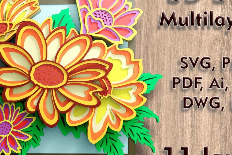 Σετ των 2 Intra απο ξύλο plywood 3mm-4mm πάχος - Αρχεία λέιζερ 3D  Daisies Δίασταση 8x11 cm INTRAFABR-109001546