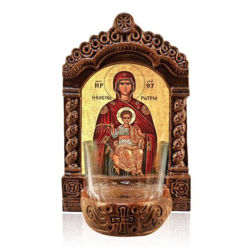 Εικόνα Ορθοδοξίας με περίγραμμα χρυσό σε ξύλο Φλαμουρίας  με  βάση Παναγία της Ελευθερώτριας Λυχνία, Παναγία η λυτρωτής Κεραμική επιτραπέζια εικόνα, Παναγία Ελευθερώτρια Αγρυπνία με κύπελλο Διάσταση 50x40 cm (19,7 x 15,8 ίντσες)  INTRAEK-6543216723922