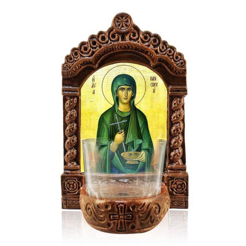 Εικόνα Ορθοδοξίας με περίγραμμα χρυσό σε ξύλο Φλαμουρίας  με  βάση Αγρυπνός Αγίας Παρασκευής, Αγία Παρασκευή η Μάρτυς και Θεραπευτής, Χειροποίητο Κεραμικό Φωτιστικό Αγρυπνίας με Γυάλινο Κύπελλο Διάσταση 50x40 cm (19,7 x 15,8 ίντσες)  INTRAEK-6543216723921