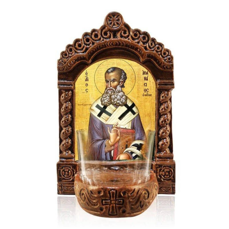 Εικόνα Ορθοδοξίας με περίγραμμα χρυσό σε ξύλο Φλαμουρίας  με  βάση Φωτιστικό Αγρυπνίας Αγίου Αθανασίου, Εικόνα Αγίου Αθανασίου ο Μέγας Επιτραπέζιο, Χειροποίητο Κεραμικό Φωτιστικό με Γυάλινο Κύπελλο Διάσταση 45x35 cm (17,7 x 13,8 ίντσες) INTRAEK-5432167239