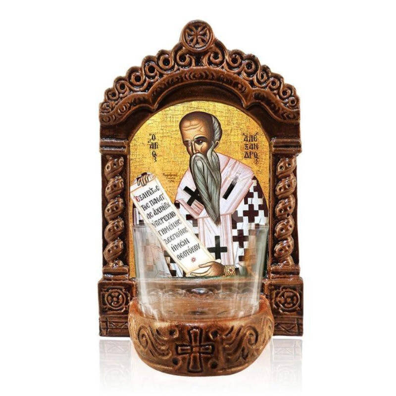 Εικόνα Ορθοδοξίας με περίγραμμα χρυσό σε ξύλο Φλαμουρίας  με  βάση Φωτιστικό Αγρυπνίας Αγίου Αλεξάνδρου, Επιτραπέζια εικόνα Αγίου Αλεξάνδρου ο Απόστολος της Ορθοδοξίας, Χειροποίητο Κεραμικό Φωτιστικό με Γυάλινο Κύπελλο Διάσταση 40x30 cm (15,8 x 11,8 ίντσε