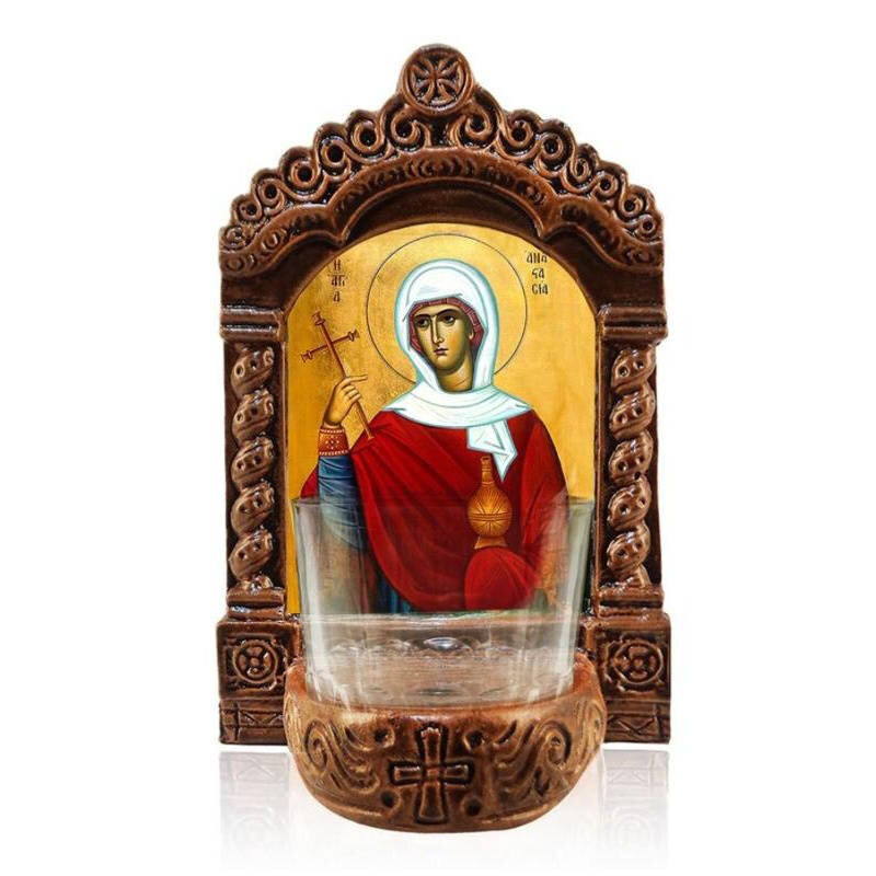 Εικόνα Ορθοδοξίας με περίγραμμα χρυσό σε ξύλο Φλαμουρίας  με  βάση Φωτιστικό Αγρυπνίας Αγίας Αναστασίας η Θεραπεύτρια, Επιτραπέζια εικόνα Αγίας Αναστασίας η Θεραπεύτρια, Χειροποίητο Κεραμικό Φωτιστικό με Γυάλινο Κύπελλο Διάσταση 40x30 cm (15,8 x 11,8 ίντσ
