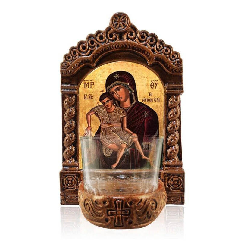 Εικόνα Ορθοδοξίας με περίγραμμα χρυσό σε ξύλο Φλαμουρίας  με  βάση Φωτιστικό Αγρυπνίας Θεοτόκου Άξιον Εστί, Παναγία Θεοτόκος Άξιον Εστί Εικονίδιο Επιτραπέζιο, Χειροποίητο Κεραμικό Φωτιστικό Αγρυπνίας με Γυάλινο Κύπελλο Διάσταση 40x30 cm (15,8 x 11,8 ίντσε