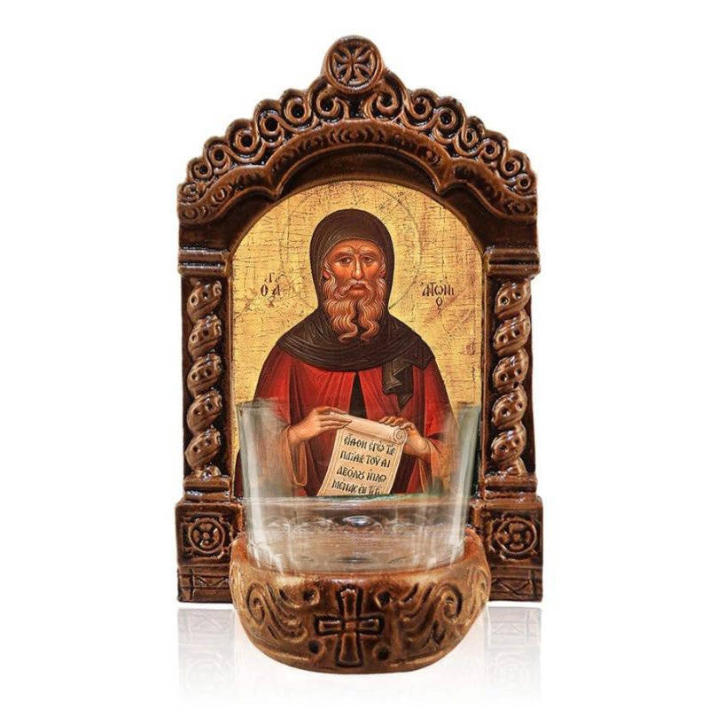 Εικόνα Ορθοδοξίας με περίγραμμα χρυσό σε ξύλο Φλαμουρίας  με  βάση Φωτιστικό Αγρυπνού Αγίου Αντωνίου, Εικόνα Αγίου Αντωνίου του Μεγάλου Επιτραπέζιου, Χειροποίητο Κεραμικό Φωτιστικό με Γυάλινο Κύπελλο Διάσταση 45x35 cm (17,7 x 13,8 ίντσες) INTRAEK-54321672