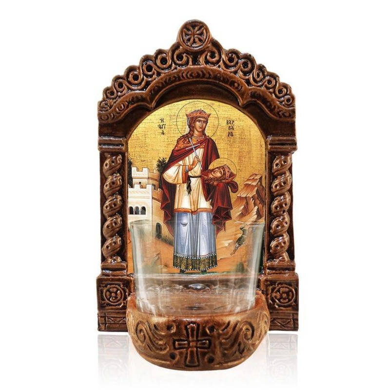 Εικόνα Ορθοδοξίας με περίγραμμα χρυσό σε ξύλο Φλαμουρίας  με  βάση Φωτιστικό Αγρυπνίας Αγίας Βαρβάρας, Επιτραπέζια εικόνα Αγίας Βαρβάρας η Μεγαλομάρτυς, Χειροποίητο Κεραμικό Φανάρι με γυάλινο κύπελλο Διάσταση 40x30 cm (15,8 x 11,8 ίντσες)INTRAEK-432167239