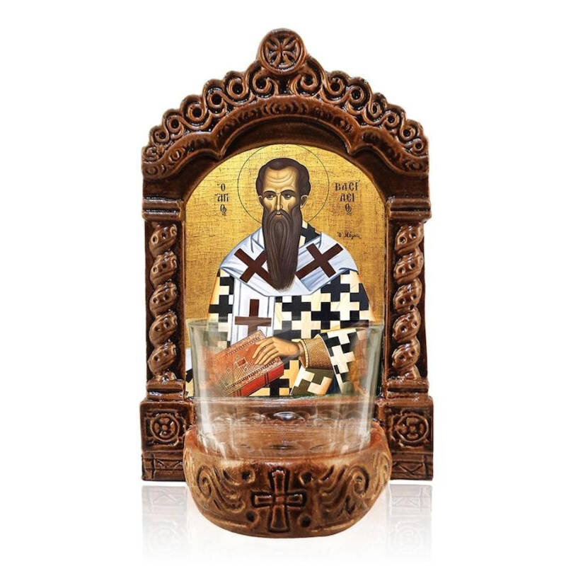Εικόνα Ορθοδοξίας με περίγραμμα χρυσό σε ξύλο Φλαμουρίας  με  βάση Φωτιστικό Αγρυπνίας Αγίου Βασιλείου, Χειροποίητη επιτραπέζια εικόνα Αγίου Βασιλείου, Ελληνικής κατασκευής Κεραμικό Φωτιστικό με Γυάλινο Κύπελλο Διάσταση 40x30 cm (15,8 x 11,8 ίντσες)INTRAE
