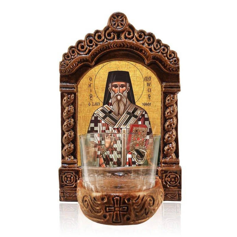 Εικόνα Ορθοδοξίας με περίγραμμα χρυσό σε ξύλο Φλαμουρίας  με  βάση Φωτιστικό Αγρυπνίας Αγίου Διονυσίου, Επιτραπέζια εικόνα Αγίου Διονυσίου Ζακύνθου, Χειροποίητο Κεραμικό Φωτιστικό με Γυάλινο Κύπελλο Διάσταση 40x30 cm (15,8 x 11,8 ίντσες)INTRAEK-4321672390