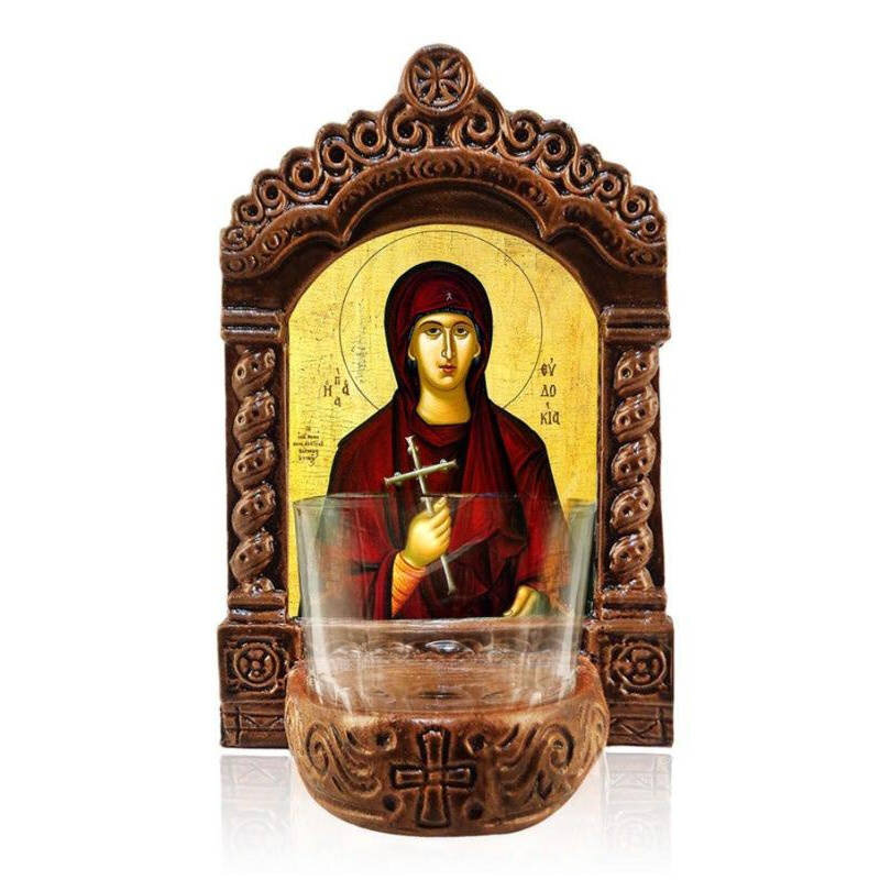 Εικόνα Ορθοδοξίας με περίγραμμα χρυσό σε ξύλο Φλαμουρίας  με  βάση Φωτιστικό Αγρυπνίας Αγίας Ευδοκίας, Επιτραπέζια εικόνα Αγίας Ευδοκίας Ελληνικής κατασκευής, Χειροποίητο Κεραμικό Φωτιστικό με Γυάλινο Κύπελλο Διάσταση 50x40 cm (19,7 x 15,8 ίντσες)  INTRAE