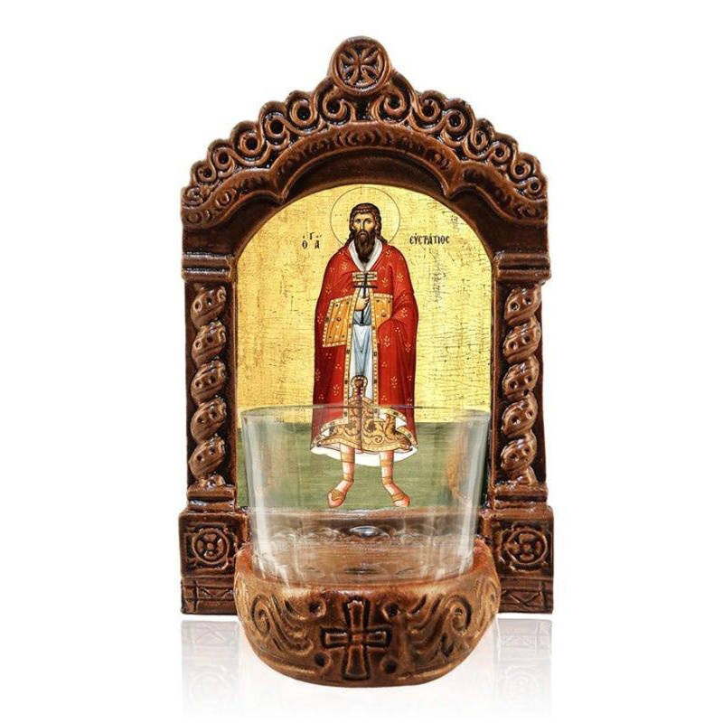 Εικόνα Ορθοδοξίας με περίγραμμα χρυσό σε ξύλο Φλαμουρίας  με  βάση Φωτιστικό Αγρυπνίας Αγίου Ευστράτιου, Επιτραπέζια εικόνα του Αγίου Ευστράτιου Ελληνικής κατασκευής, Χειροποίητο Κεραμικό Φωτιστικό με Γυάλινο Κύπελλο Διάσταση 50x40 cm (19,7 x 15,8 ίντσες)