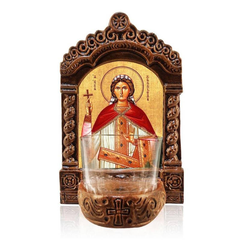 Εικόνα Ορθοδοξίας με περίγραμμα χρυσό σε ξύλο Φλαμουρίας  με  βάση Φωτιστικό Αγρυπνίας Αγίας Καλλιόπης, Επιτραπέζια εικόνα Αγίας Καλλιόπης Ελληνικής κατασκευής, Χειροποίητο Κεραμικό Φωτιστικό με Γυάλινο Κύπελλο Διάσταση 50x40 cm (19,7 x 15,8 ίντσες)  INTR
