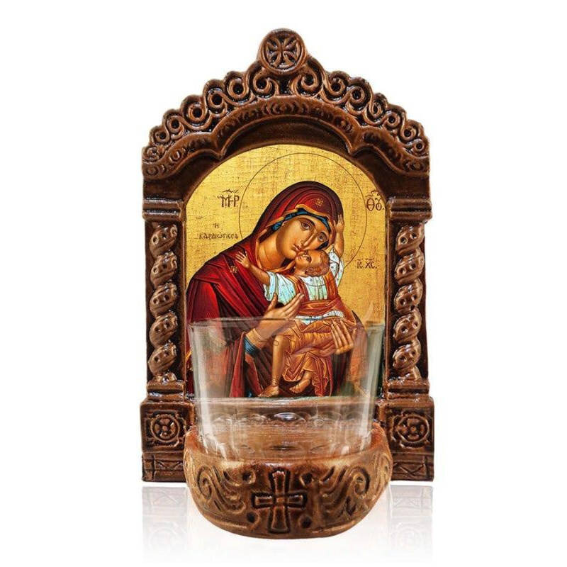 Εικόνα Ορθοδοξίας με περίγραμμα χρυσό σε ξύλο Φλαμουρίας  με  βάση Παναγία της Καρδιάς Φωτιστικό Αγρυπνίας, Παναγία Θεοτόκος, Ελληνικής κατασκευής Επιτραπέζια Εικόνα, Χειροποίητο Κεραμικό Φωτιστικό Αγρυπνίας με Γυάλινο Κύπελλο Διάσταση 50x40 cm (19,7 x 15