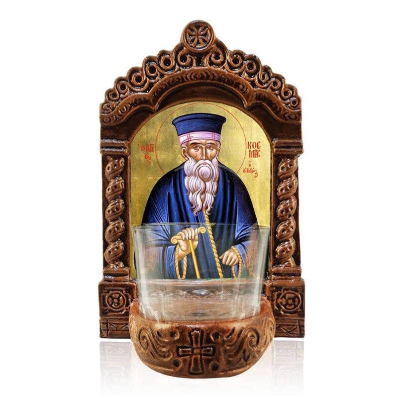 Εικόνα Ορθοδοξίας με περίγραμμα χρυσό σε ξύλο Φλαμουρίας  με  βάση Φωτιστικό Αγρυπνίας Αγίου Κοσμά, Επιτραπέζια Εικόνα Ελληνικής κατασκευής Άγιος Κοσμάς, Χειροποίητο Κεραμικό Φωτιστικό με Γυάλινο Κύπελλο Διάσταση 40x30 cm (15,8 x 11,8 ίντσες)INTRAEK-43216
